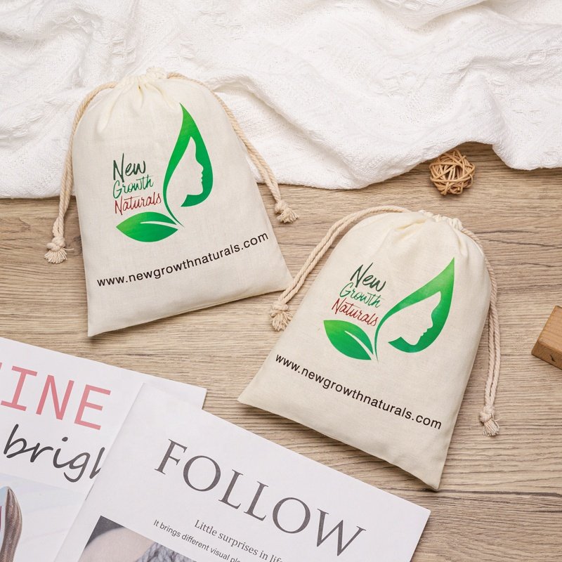 Promotional Recyclable Linen Cotton Gift Jewelry Bag Custom Logo Printed Cotton Linen Drawstring Pouch