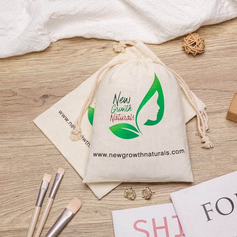 Promotional Recyclable Linen Cotton Gift Jewelry Bag Custom Logo Printed Cotton Linen Drawstring Pouch