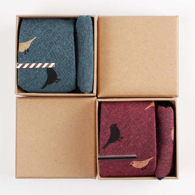 fashion cute cotton printed neck tie handkerchief tie bar clip gift box set for men