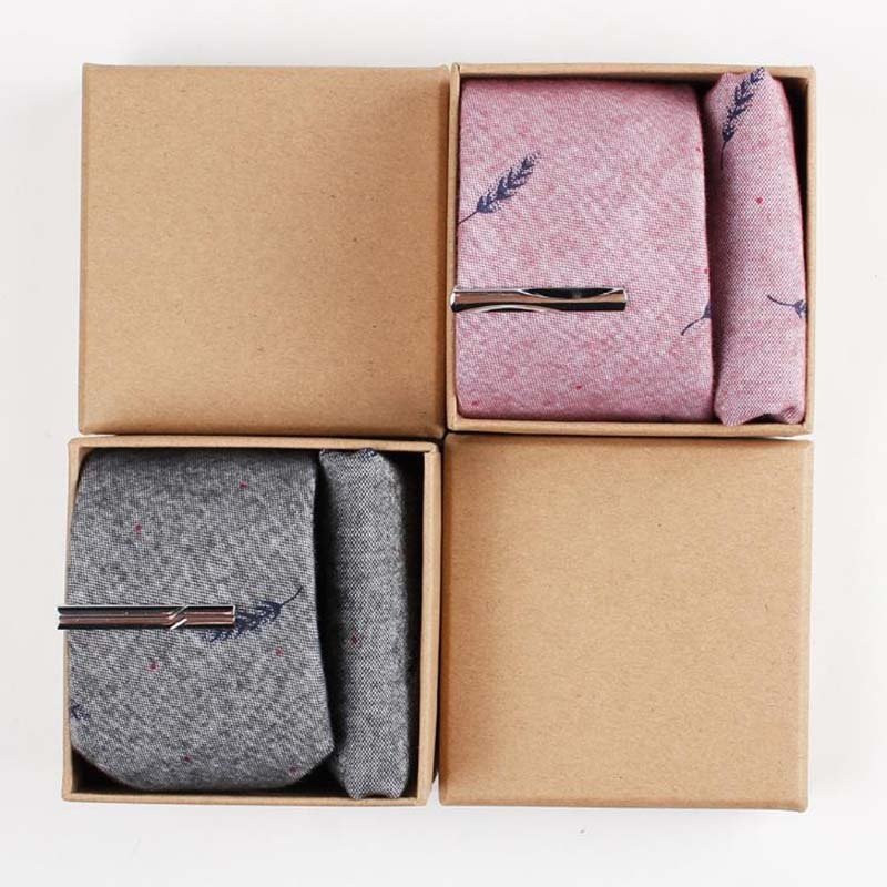 fashion cute cotton printed neck tie handkerchief tie bar clip gift box set for men