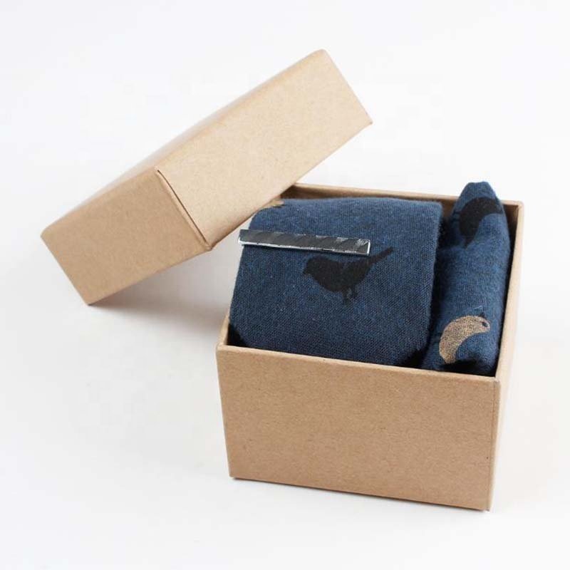fashion cute cotton printed neck tie handkerchief tie bar clip gift box set for men