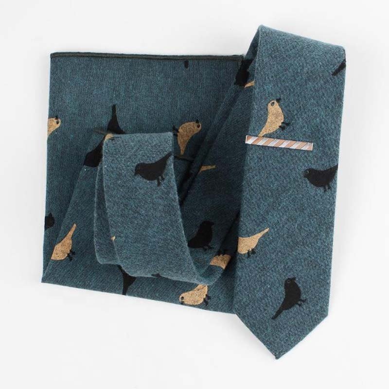 fashion cute cotton printed neck tie handkerchief tie bar clip gift box set for men