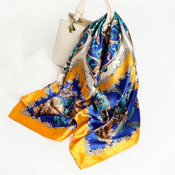 Ladies Vintage Ethnic 90cm Square Scarf Handkerchief Flower Leaf Design Colorful Custom Printing Ladies' Square Handkerchief