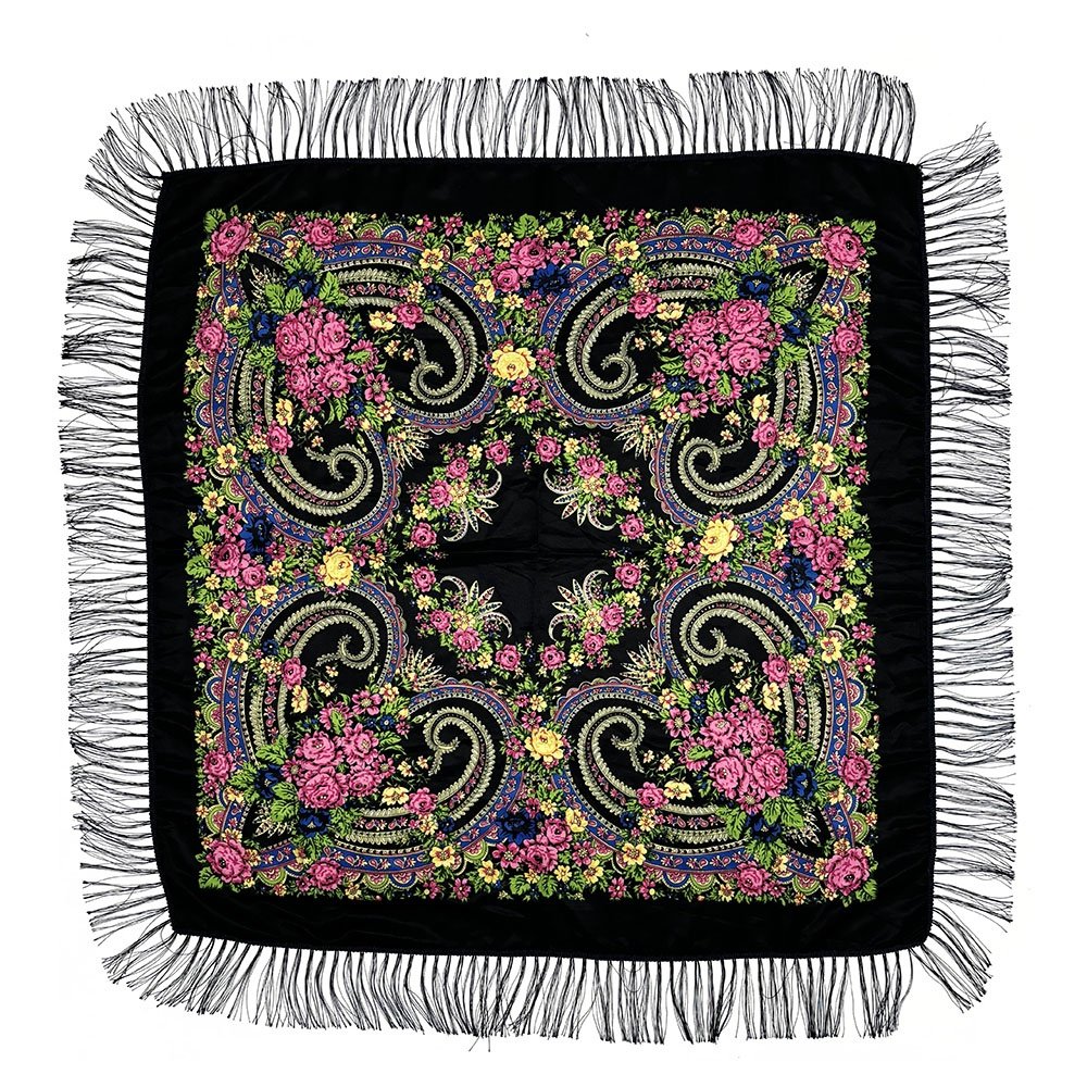 Factory Direct Sale Custom High Quality Polyester Fringed Floral Ethnic Handkerchief Shawl