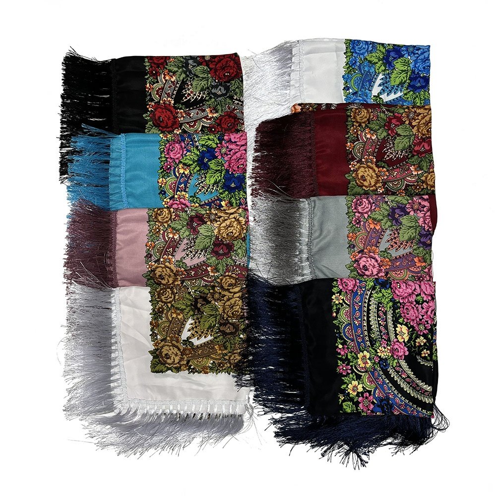 Factory Direct Sale Custom High Quality Polyester Fringed Floral Ethnic Handkerchief Shawl