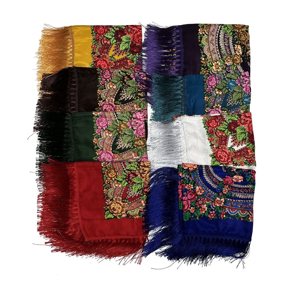 Factory Direct Sale Custom High Quality Polyester Fringed Floral Ethnic Handkerchief Shawl
