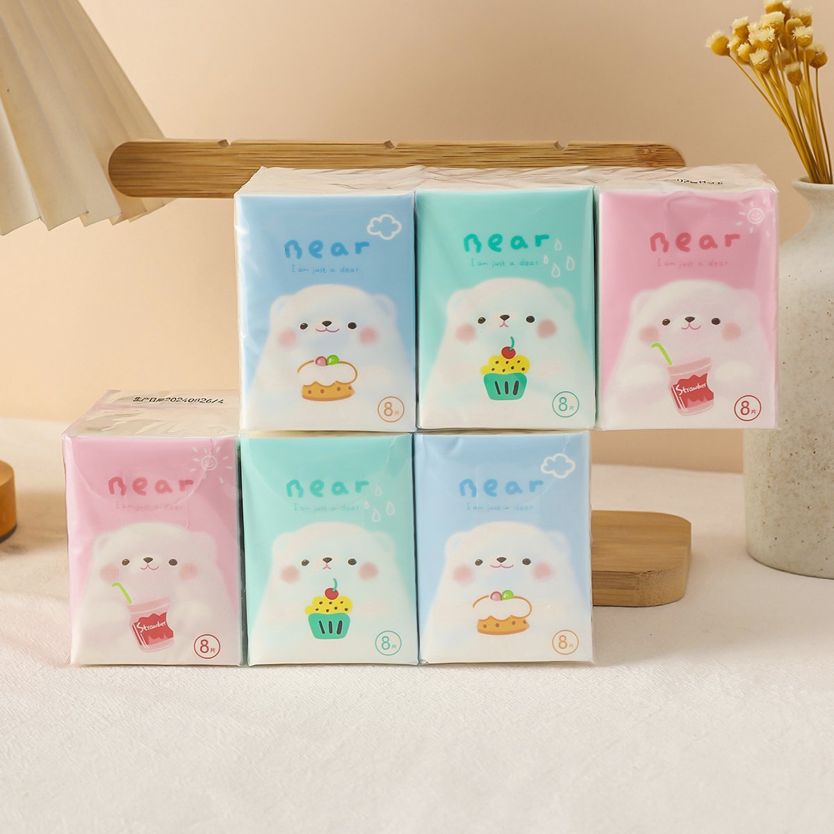 Lovely Bear Pocket Tissues Travel Tissues FSC Cartoon Dry & Wet Dual Purpose Paper Handkerchief Portable Hand Towel Tissue