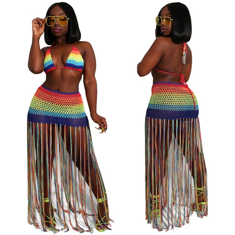 Women Beach Bikini Swimsuit Set Colorful Hollow Out Plage Maillots De Bain Et Cache 2 PCS Crochet Top And Bottom Cover Up Dress