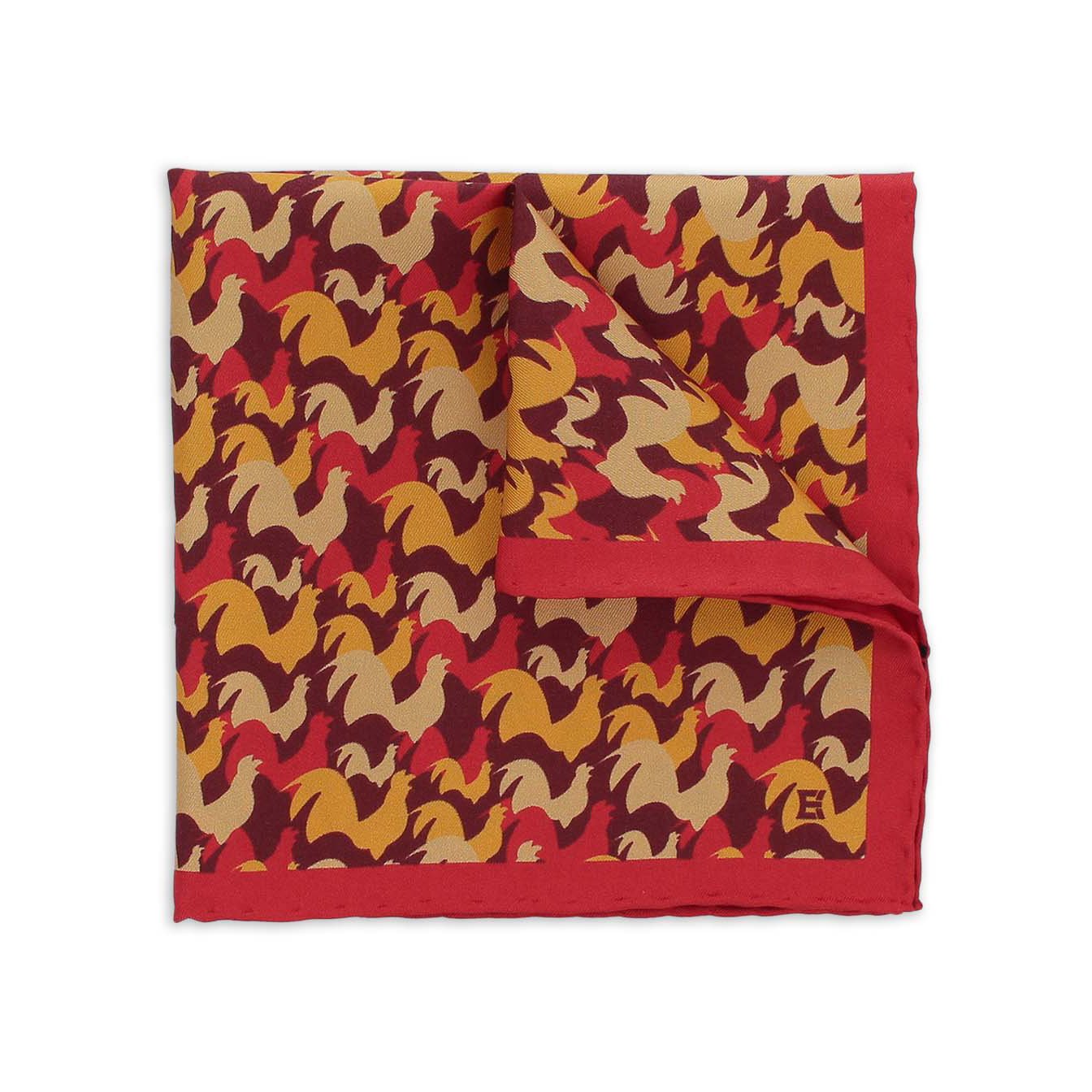 Italian Distinguished Silk Square Handkerchiefs - Printed Twill 100% Silk Gallo Ruby Red - Exquisite Made in Italy Design