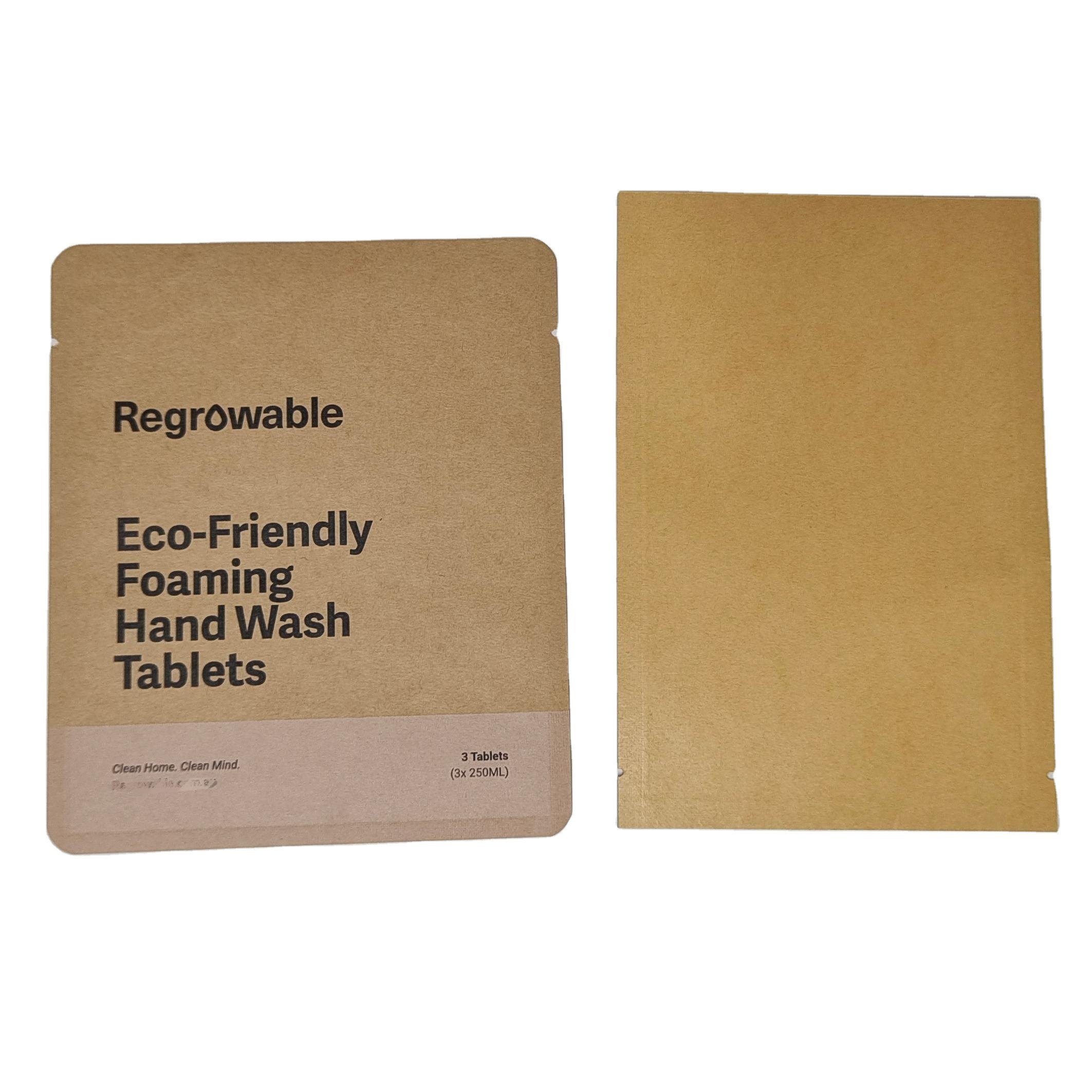 Custom Biodegradable Heat Sealable Sachet 3 Side Sealing Compostable Kraft Paper PLA Flat Pouches for Foaming Hand Wash Tablets