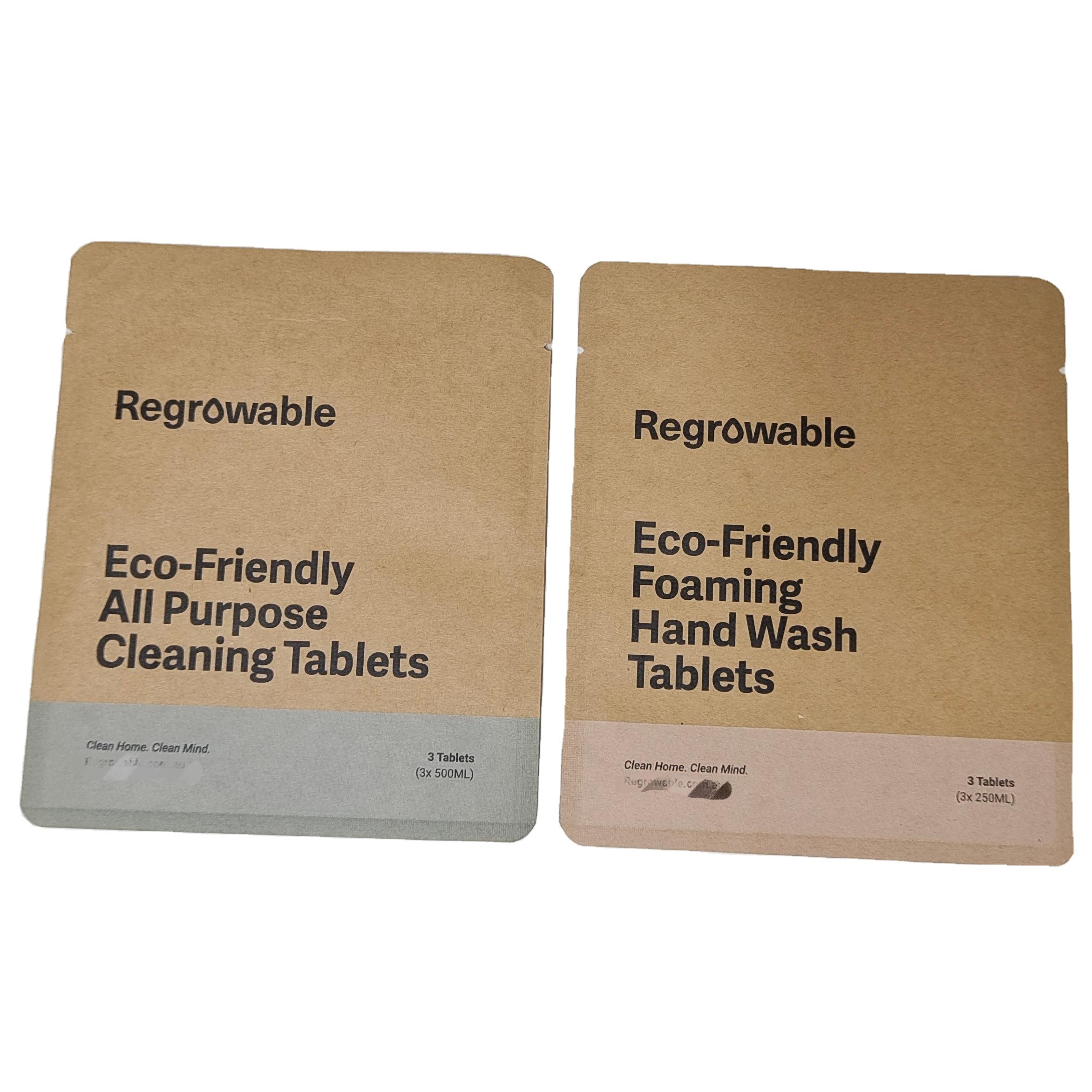 Custom Biodegradable Heat Sealable Sachet 3 Side Sealing Compostable Kraft Paper PLA Flat Pouches for Foaming Hand Wash Tablets