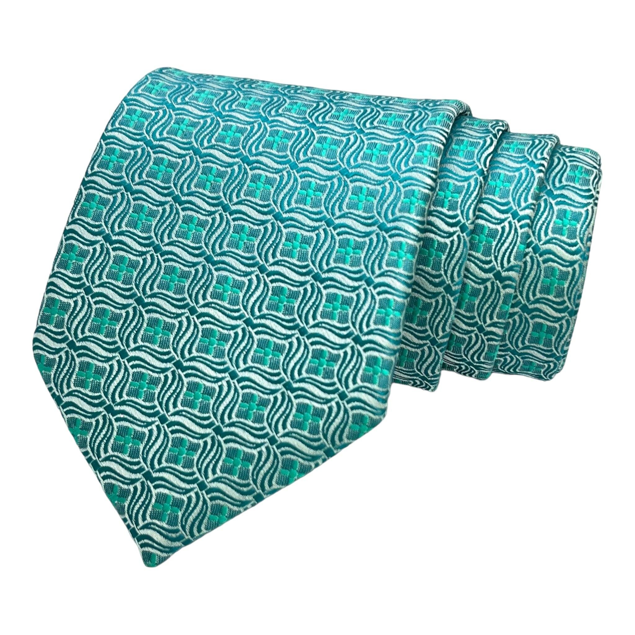 Sea Green Self-Geometric Tie and Pocket Square Combo Printed Pattern Handkerchief Set