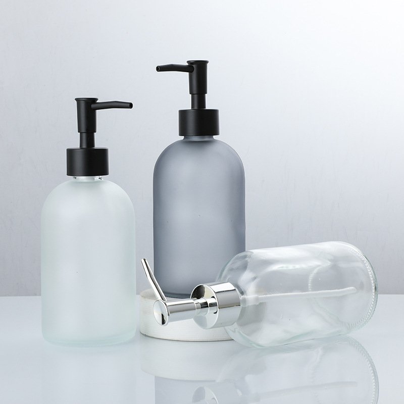 Custom 16oz 8oz 250ml 500ml Clear Amber Frosted Boston Round Glass Liquid Soap Dispenser Pump Bottle
