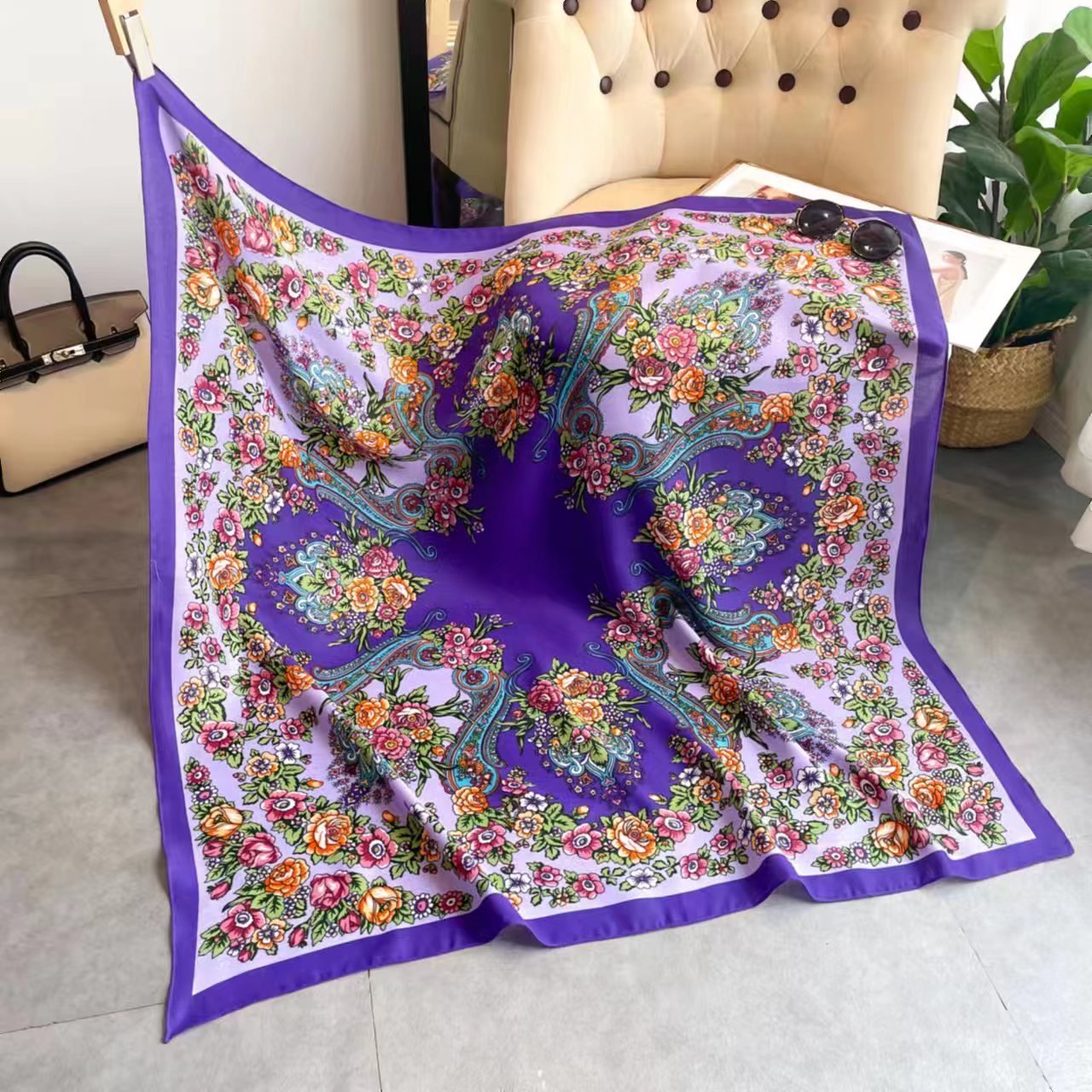 Russian Floral Square Scarf Women Flower Printed Ukrainian Shawl Babushka Bnadana Scarves Handkerchief Head Wraps 110*110CM
