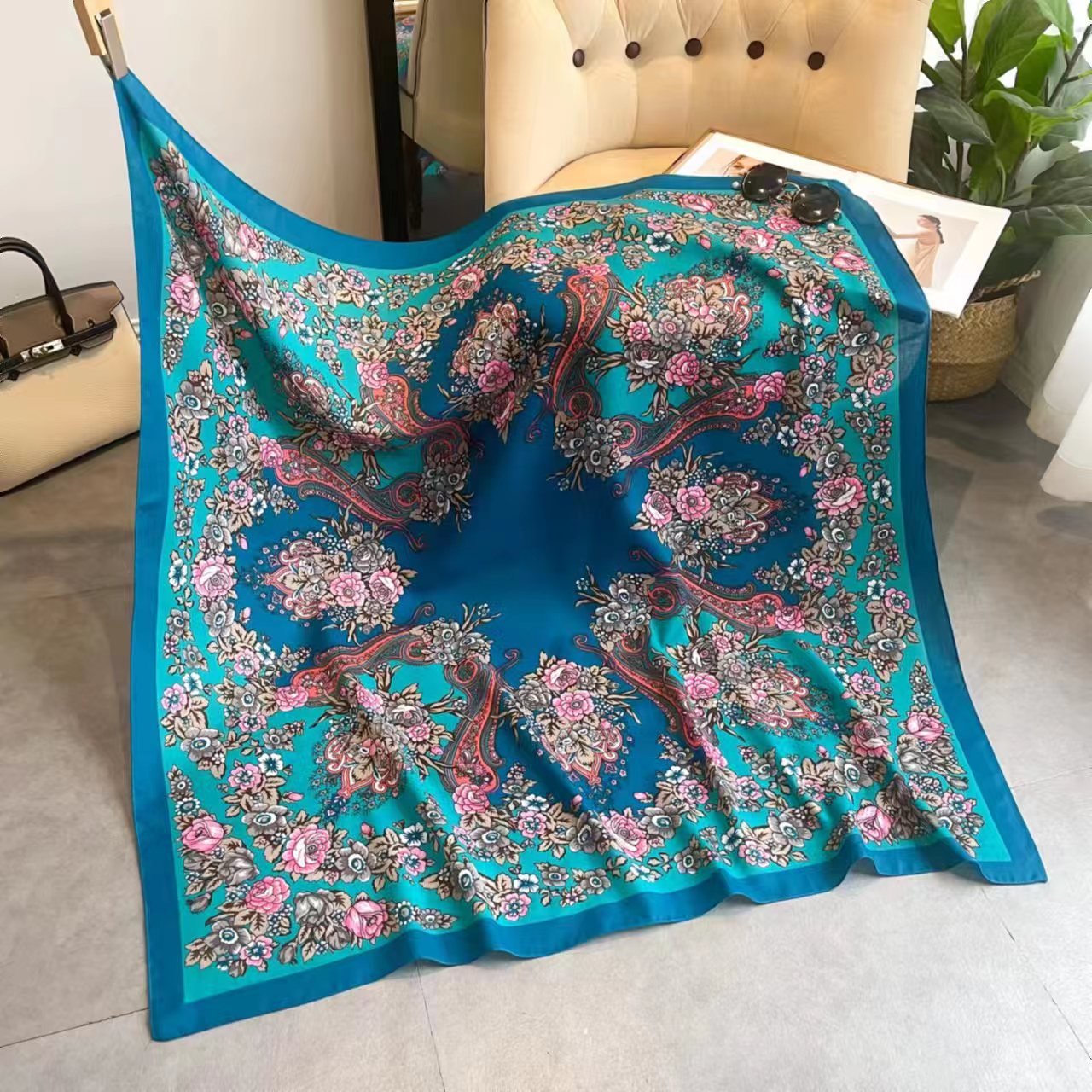 Russian Floral Square Scarf Women Flower Printed Ukrainian Shawl Babushka Bnadana Scarves Handkerchief Head Wraps 110*110CM