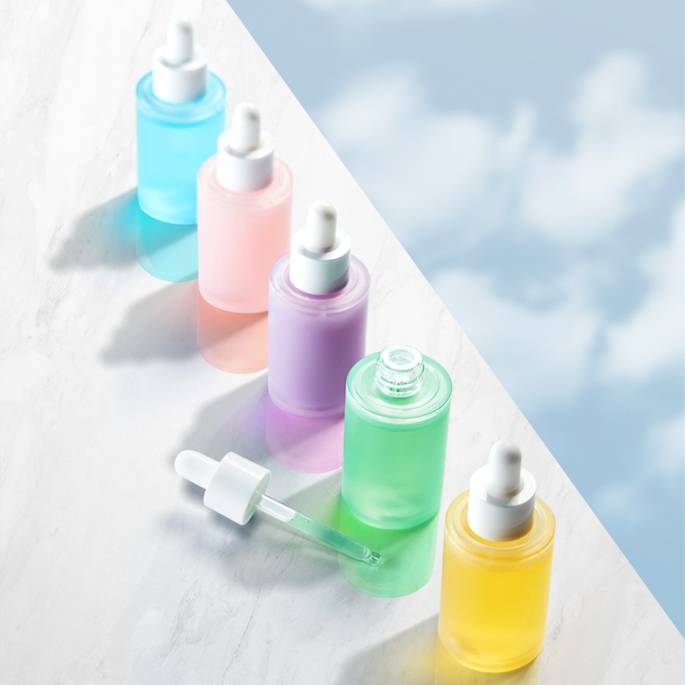 30ml Custom Color Flat Shoulder Essential Oil Cosmetic Glass Oil Dropper Bottle Flask With Black Dropper