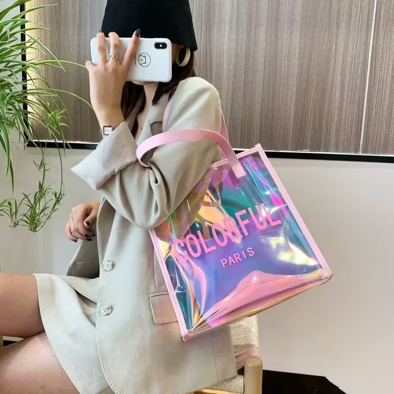 Wholesale Custom Women Clear Tote Bag Waterproof PVC Transparent Jelly Bag Shopper Fashion Shoulder Shopping plastic bag