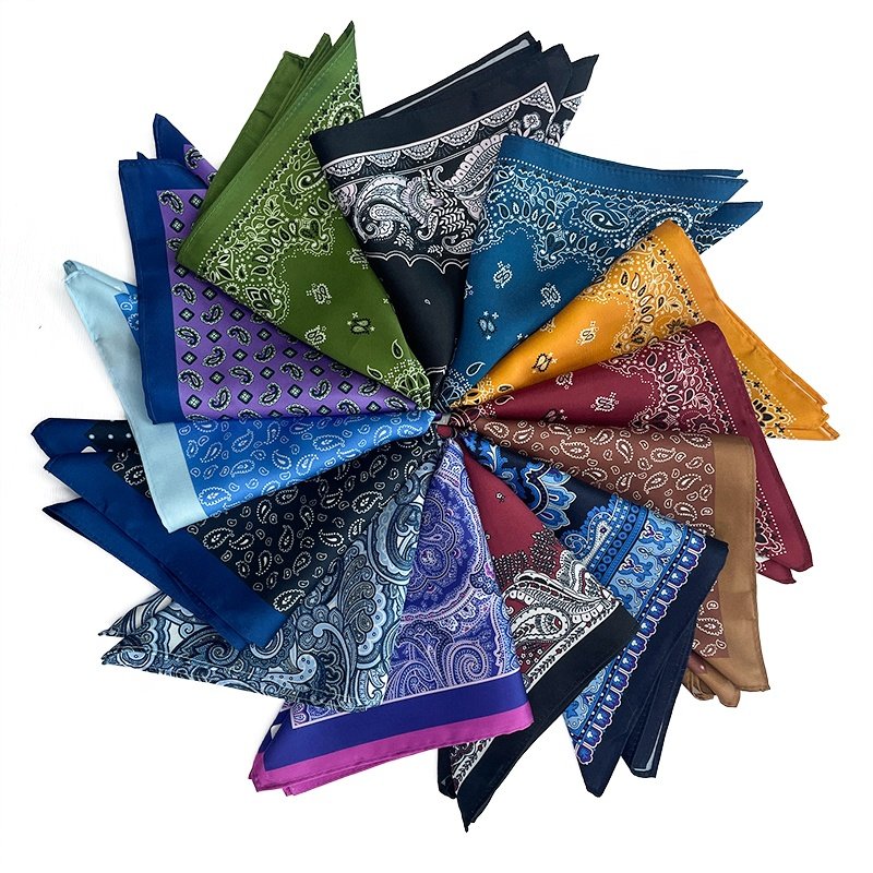 Wholesale high quality handkerchiefs production line pocket square 2024 stock silk polyester printing paisley fancy handkerchief