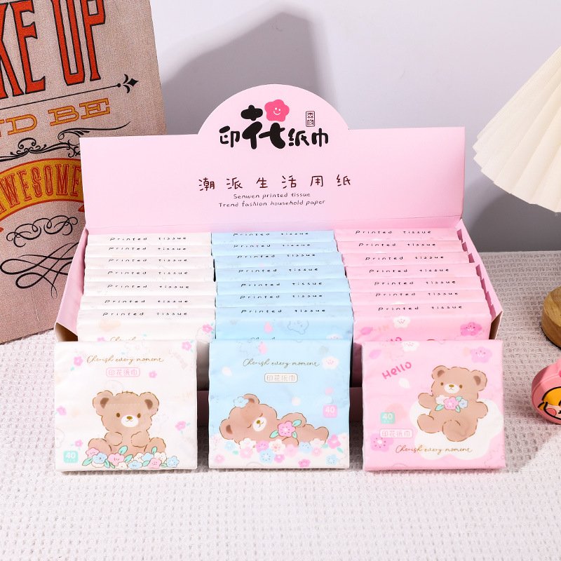 FSC New Portable Facial Tissues Wood Pulp Blue Cat Printed Soft 40 Pull Cute Cartoon Handkerchief Pocket Tissue