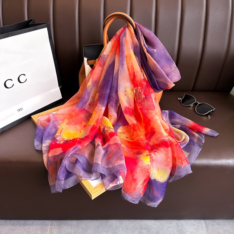 DOMOHO New Women's Silk Scarf Sunscreen Shawl Fashionable Square Style Thin Breathable Gauze Towel Silk Scarf