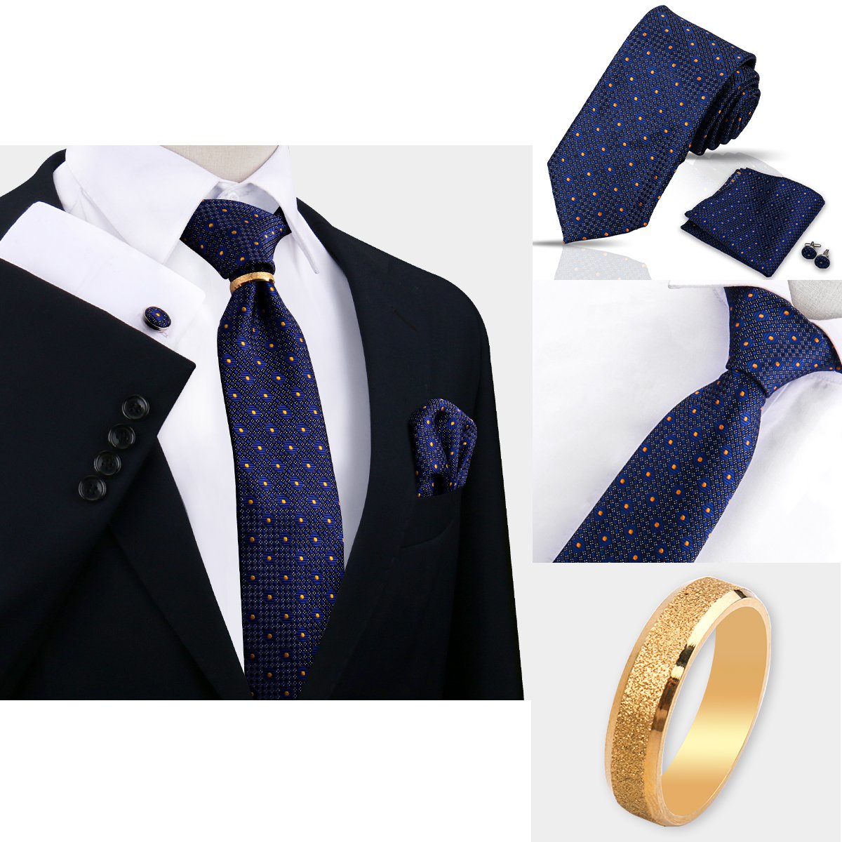 Men's Business Wedding Suit Accessory 4-Piece Set Striped Tie Floral Handkerchief Cufflinks Ring Fashionable Polyester