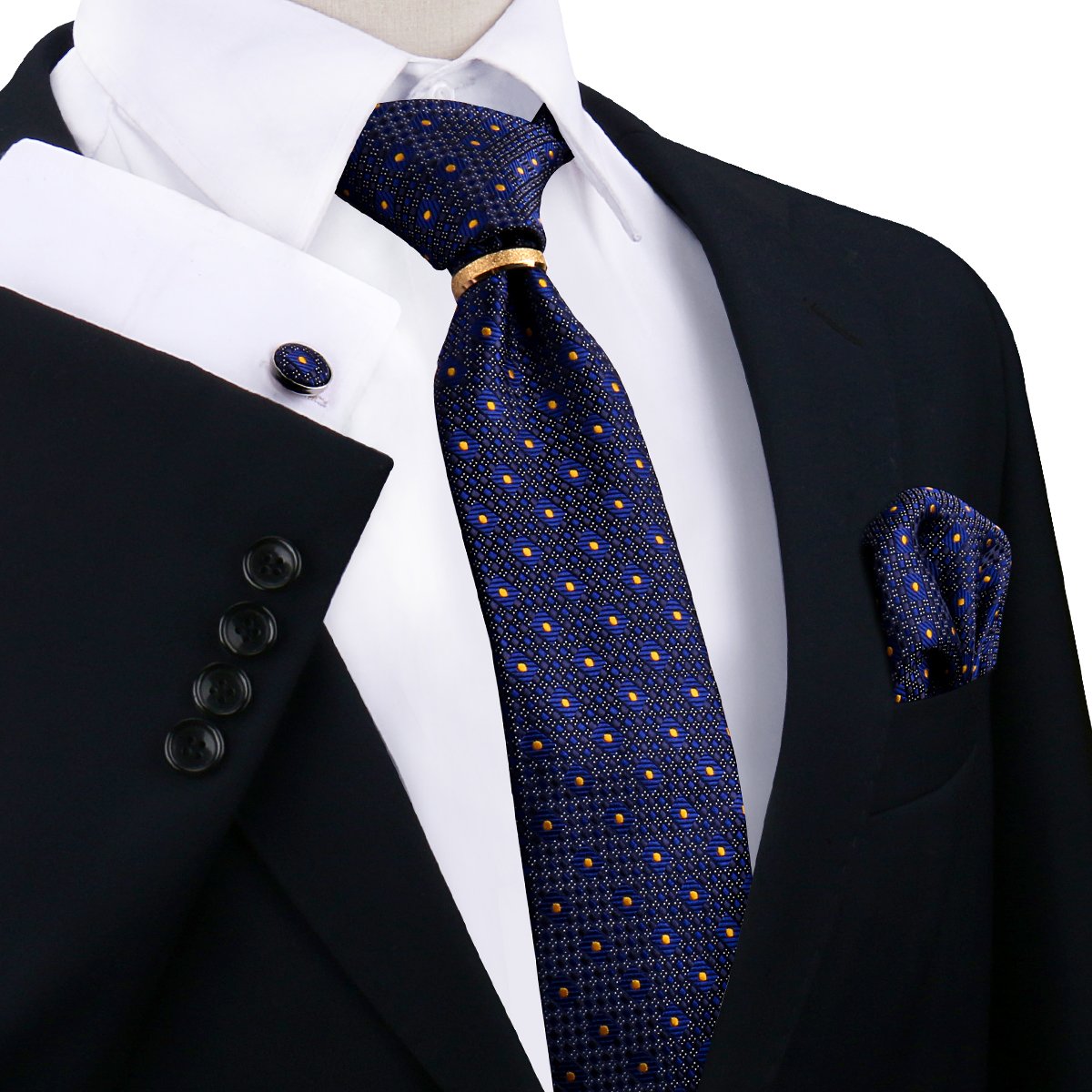 Men's Business Wedding Suit Accessory 4-Piece Set Striped Tie Floral Handkerchief Cufflinks Ring Fashionable Polyester