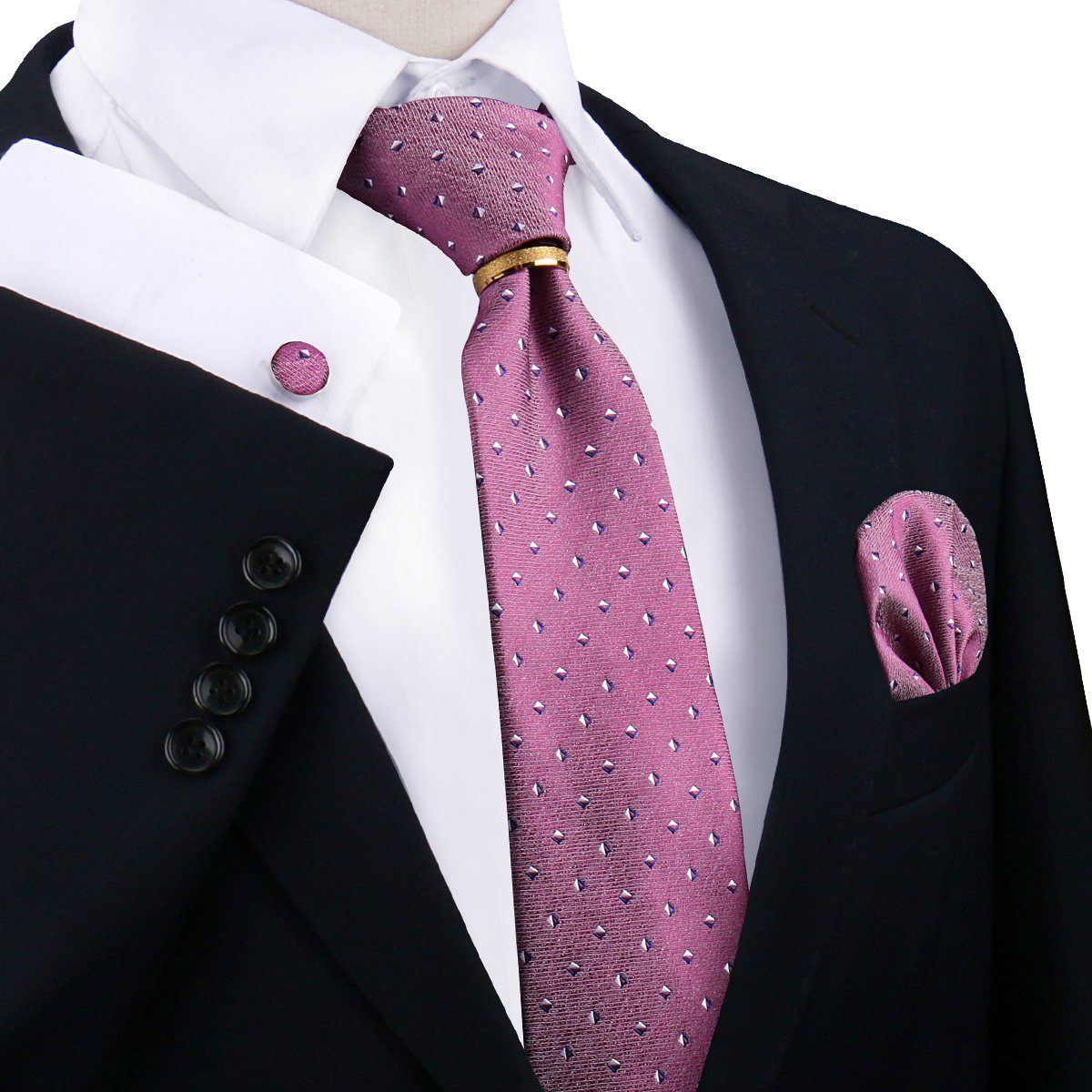 Men's Business Wedding Suit Accessory 4-Piece Set Striped Tie Floral Handkerchief Cufflinks Ring Fashionable Polyester