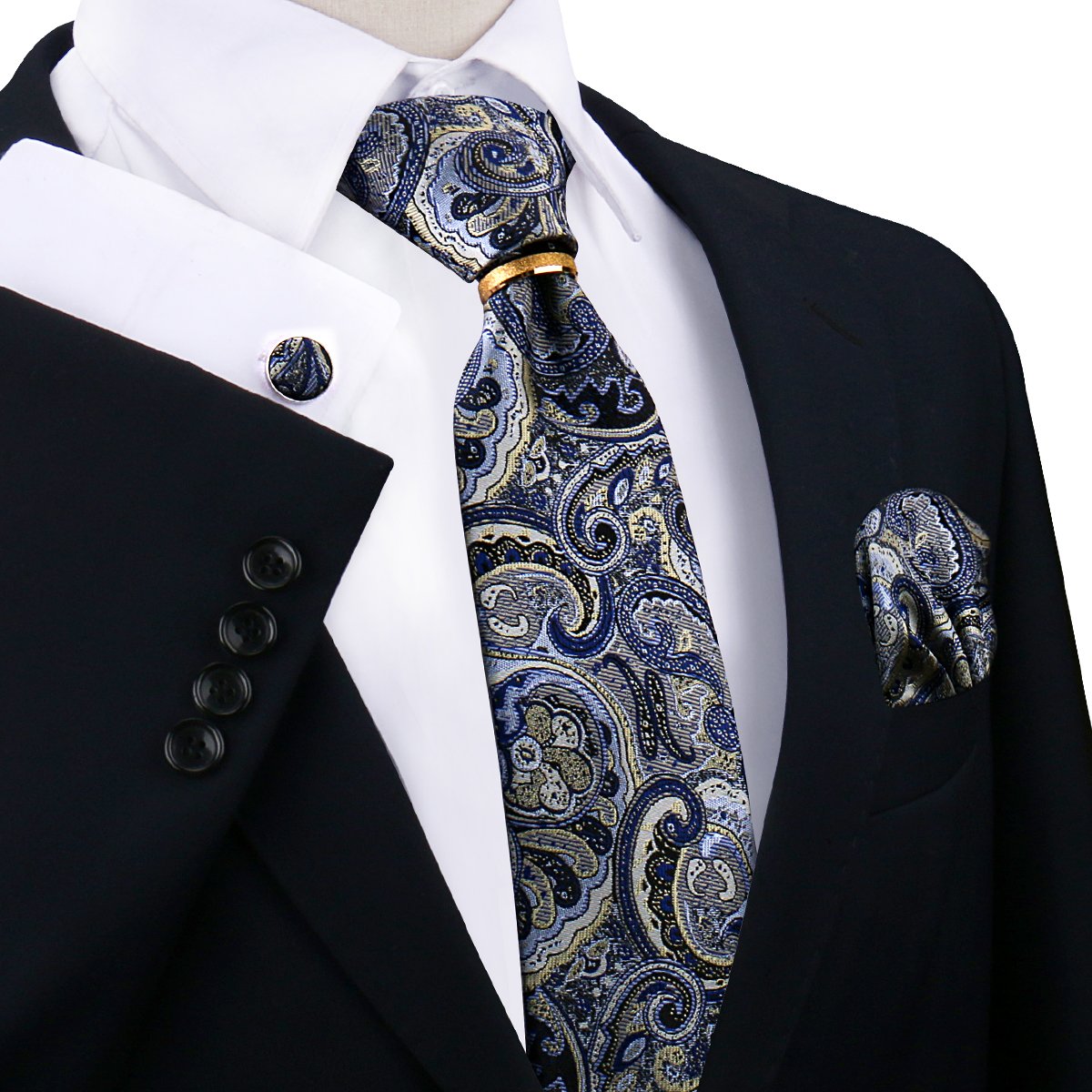 Men's Business Wedding Suit Accessory 4-Piece Set Striped Tie Floral Handkerchief Cufflinks Ring Fashionable Polyester