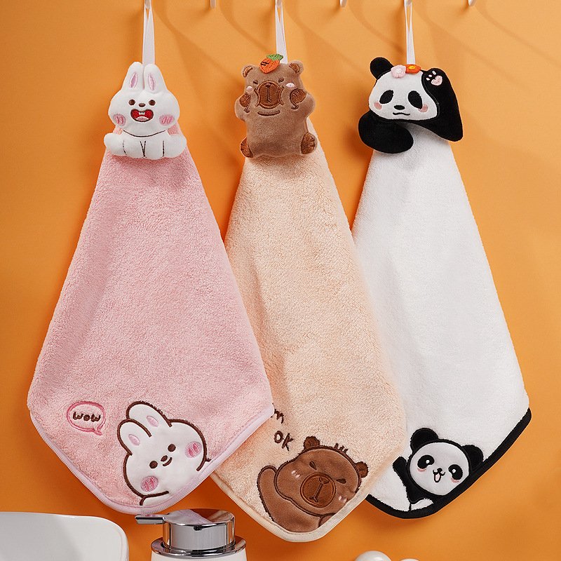 Cartoon Three-dimensional Cute Hand Towel Hung Coral Velvet Embroidery Absorbent Handkerchief Kitchen Children's Small Towel