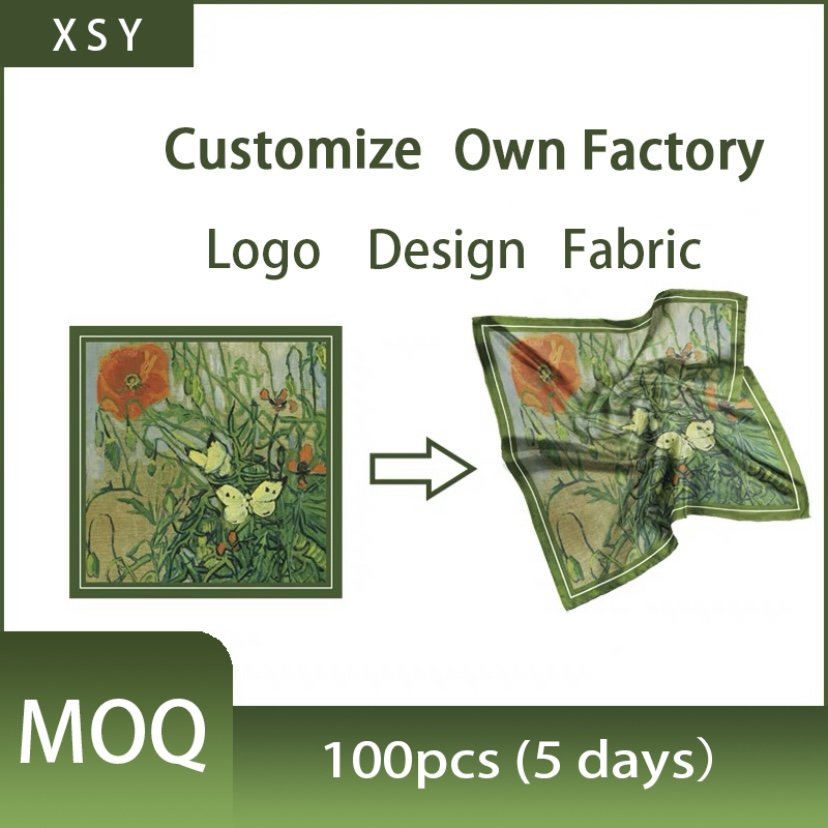 Fashion Customized Pattern Custom Logo Digital Printing Designer Foulard Square Silk Feeling Scarves