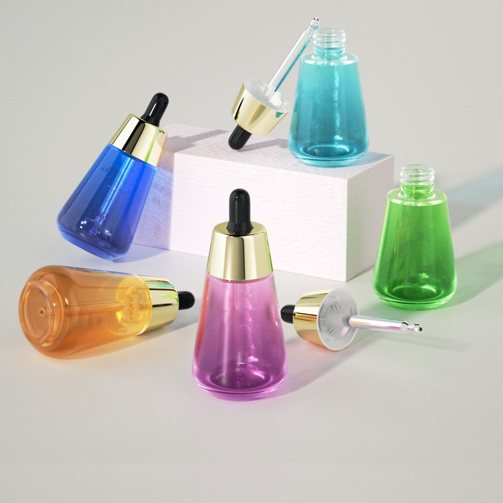 Cosmetic Packaging Fancy Essential Oil 35ml Round Clear Glass Dropper Bottles With Rose Gold Dropper