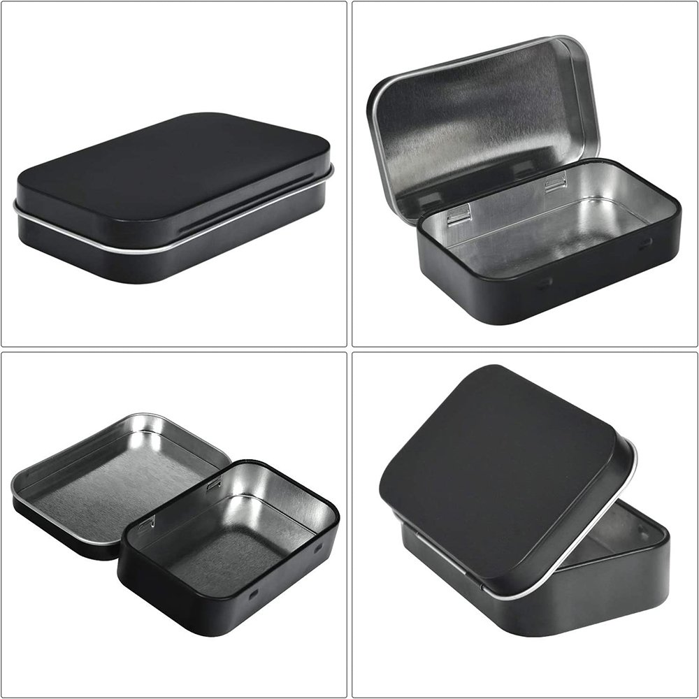 Custom small logo rectangular black tin box with hinged lid packaging metal tin box tin can with lid