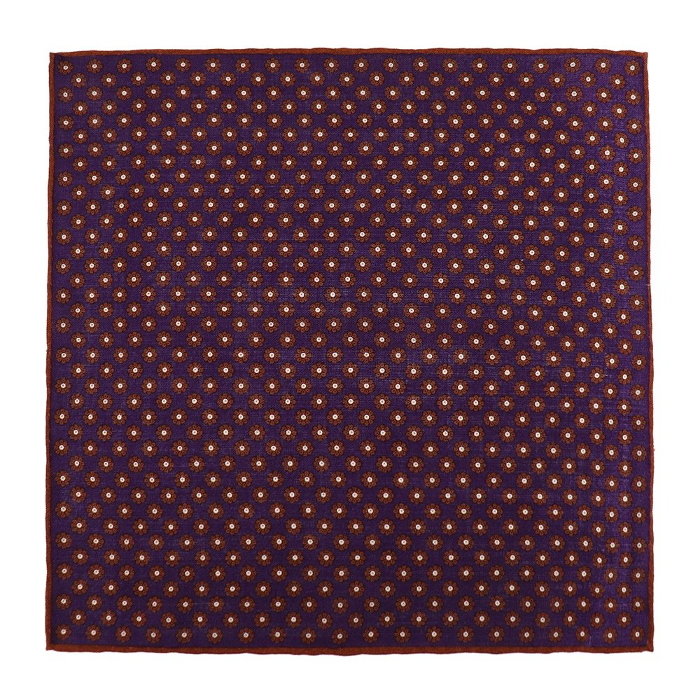Two Colors 100% Wool Hand Rolled Purple Gray Floral Pattern Printed Mens Pocket Squares Handkerchief for Suits