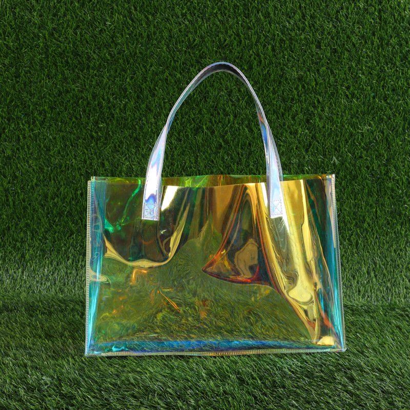 Wholesale Customized colorful laser holographic fashion clear transparent waterproof PVC tote gift women shopping bag handles