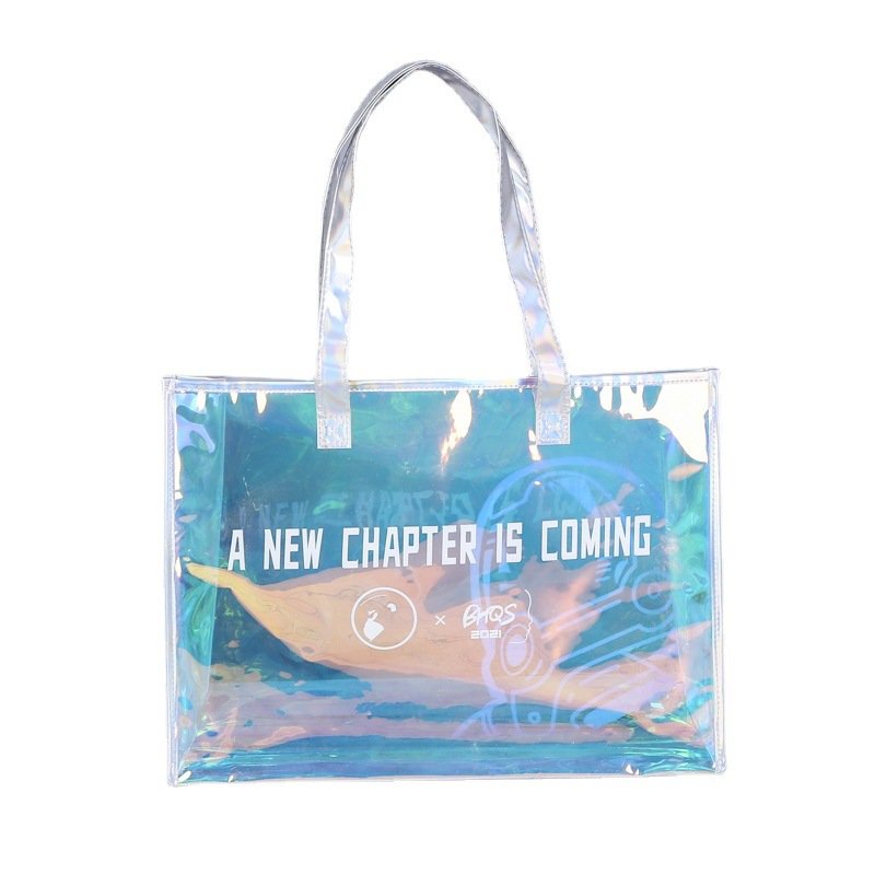 Wholesale Customized colorful laser holographic fashion clear transparent waterproof PVC tote gift women shopping bag handles