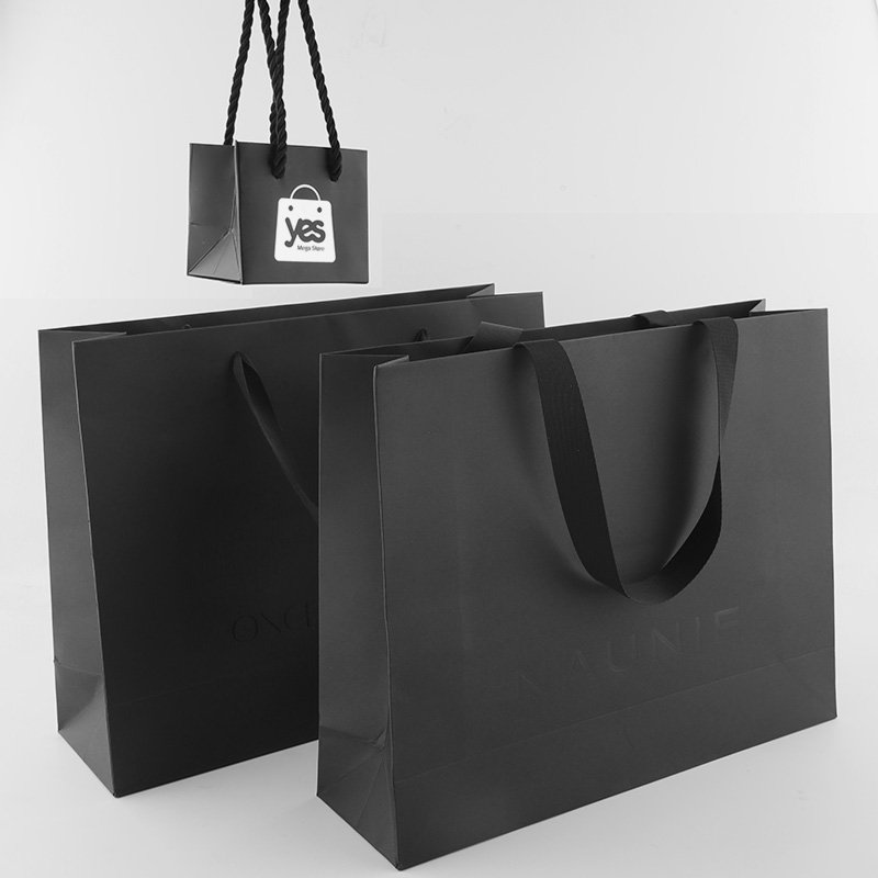 Wholesale custom your own logo black clothing cardboard kraft ribbon shopping retail paper luxury with handle black gift bags