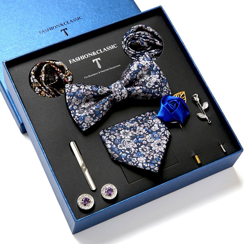 Tie Cufflinks Handkerchief Clip Set Red Pocket Square Bow Tie Set with Luxury Box