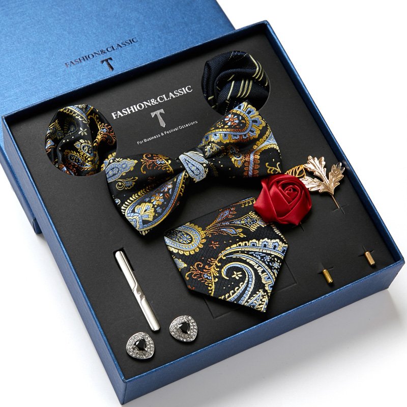 Tie Cufflinks Handkerchief Clip Set Red Pocket Square Bow Tie Set with Luxury Box