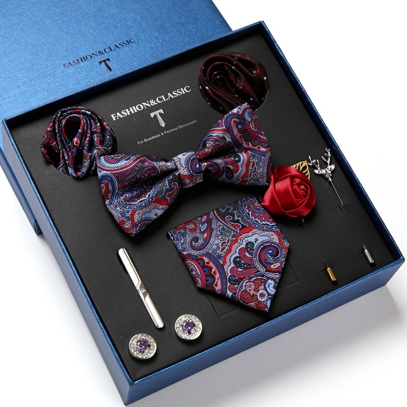 Tie Cufflinks Handkerchief Clip Set Red Pocket Square Bow Tie Set with Luxury Box