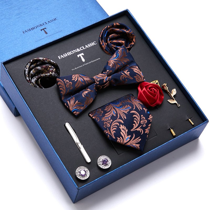 Tie Cufflinks Handkerchief Clip Set Red Pocket Square Bow Tie Set with Luxury Box