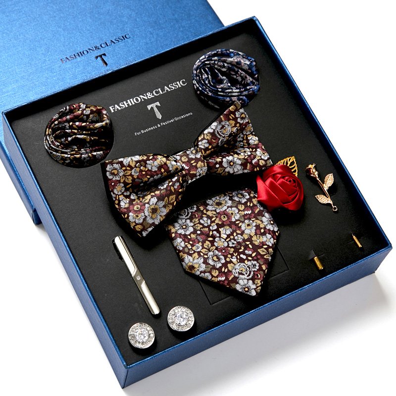 Tie Cufflinks Handkerchief Clip Set Red Pocket Square Bow Tie Set with Luxury Box