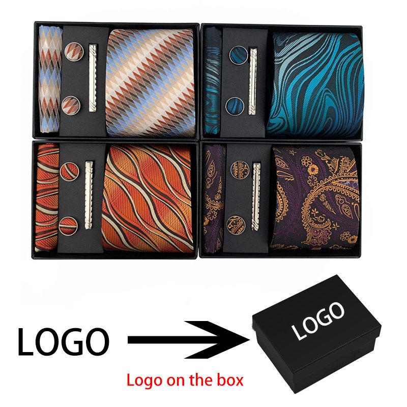 Custom LOGO Gift Box Men Groom Tie and Pocket Square Set Business with Cufflinks