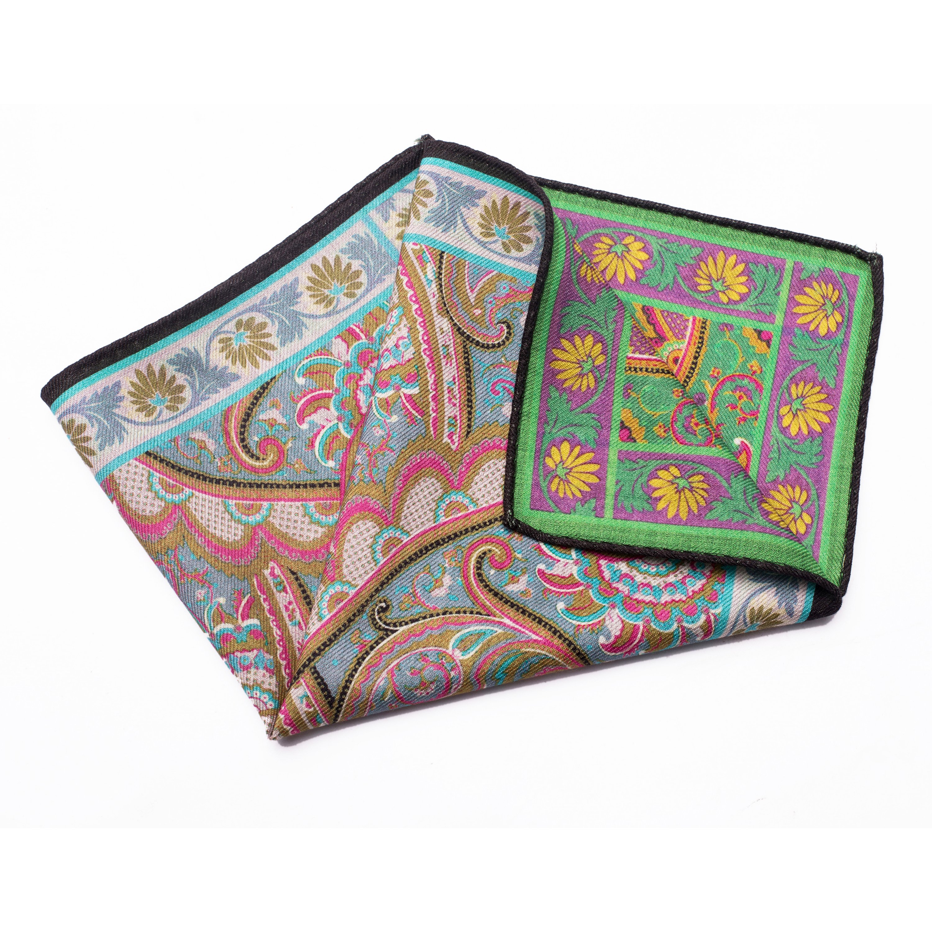 hot selling green blue double side paisley printing hanky handkerchief 100% wool pocket squares