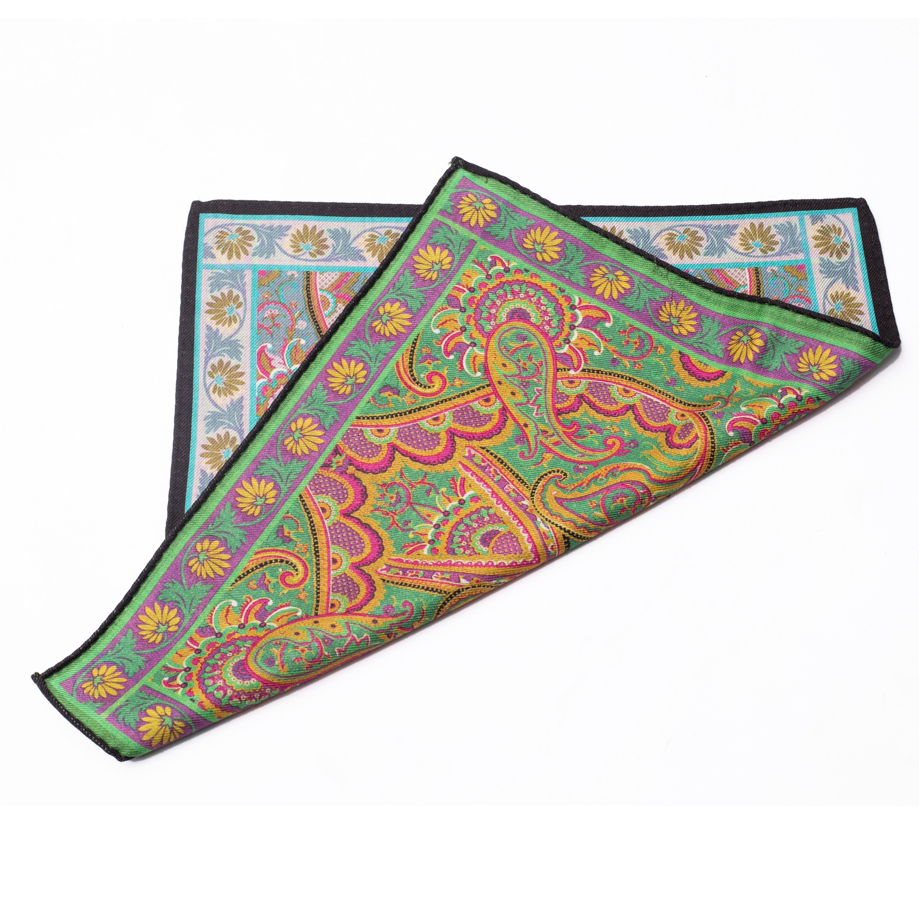 hot selling green blue double side paisley printing hanky handkerchief 100% wool pocket squares
