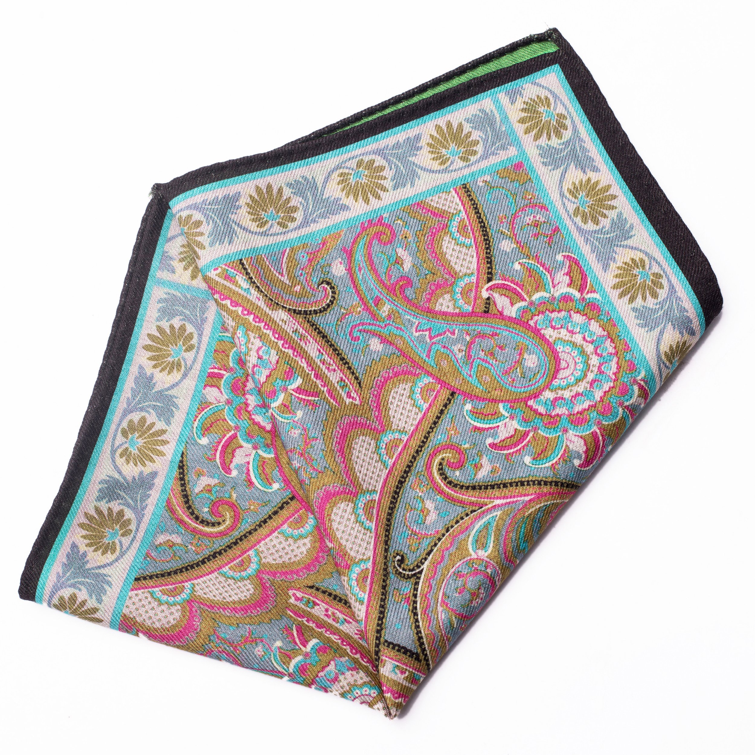hot selling green blue double side paisley printing hanky handkerchief 100% wool pocket squares