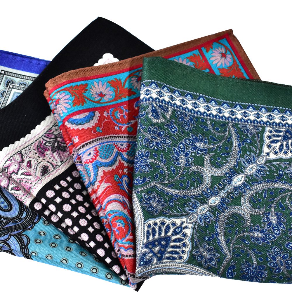 hot selling green blue double side paisley printing hanky handkerchief 100% wool pocket squares