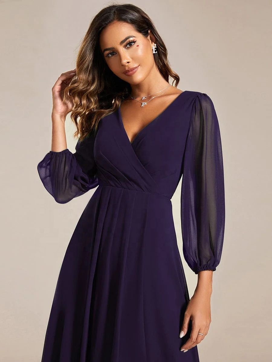 New Arrival Women Chiffon V Neck Long Sleeves Pleated A-Line Midi Semi Formal Dress For Women