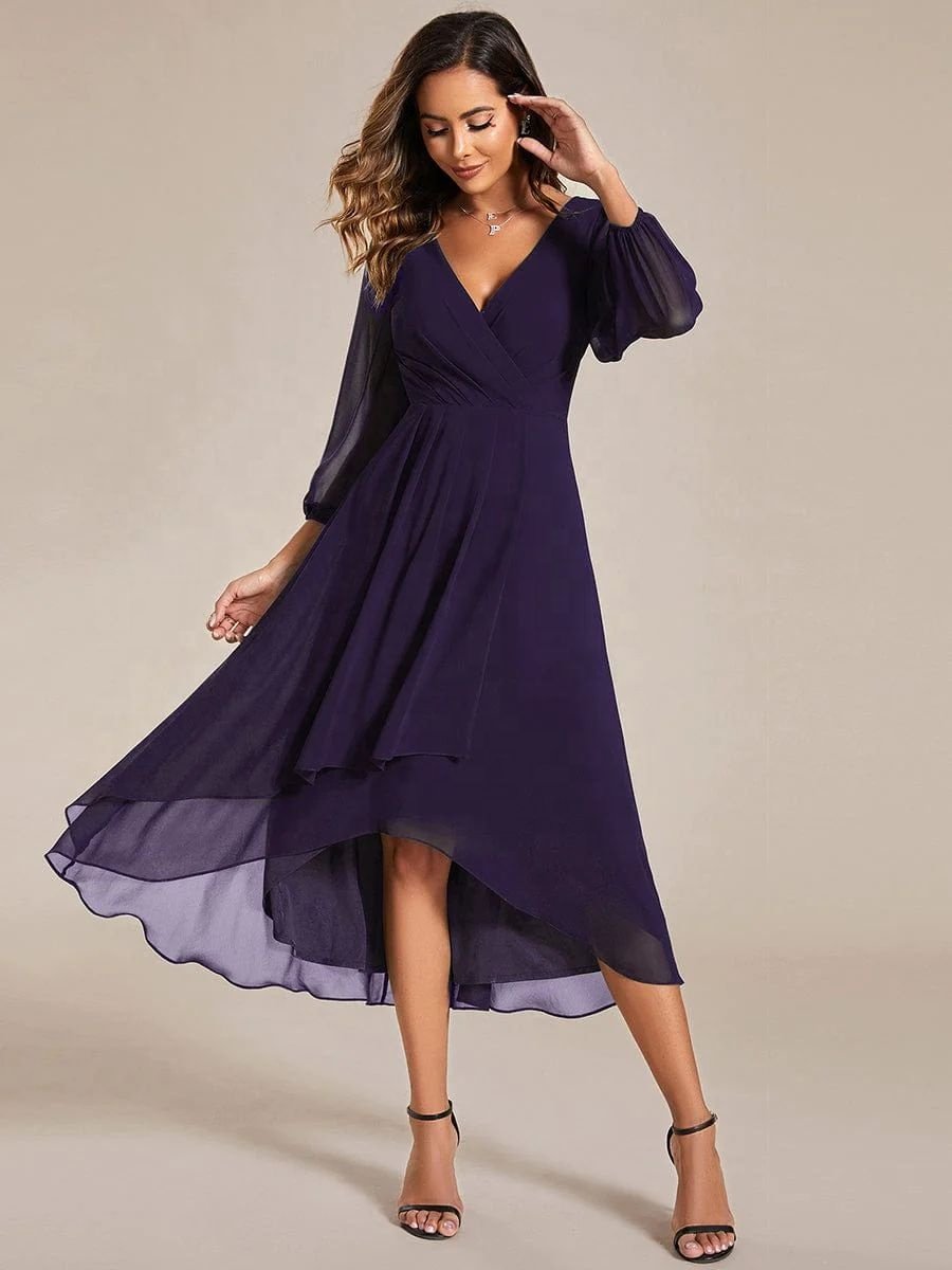 New Arrival Women Chiffon V Neck Long Sleeves Pleated A-Line Midi Semi Formal Dress For Women