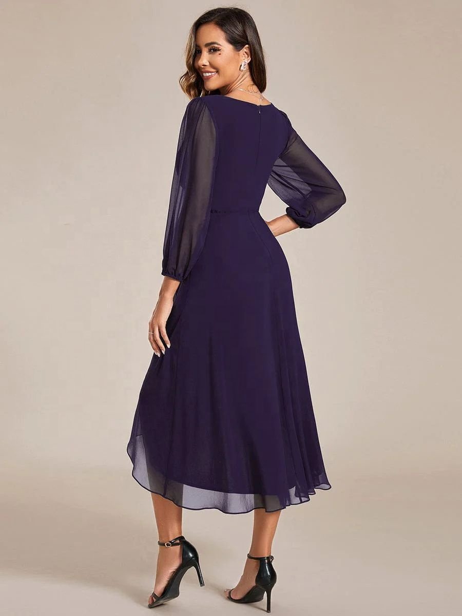 New Arrival Women Chiffon V Neck Long Sleeves Pleated A-Line Midi Semi Formal Dress For Women