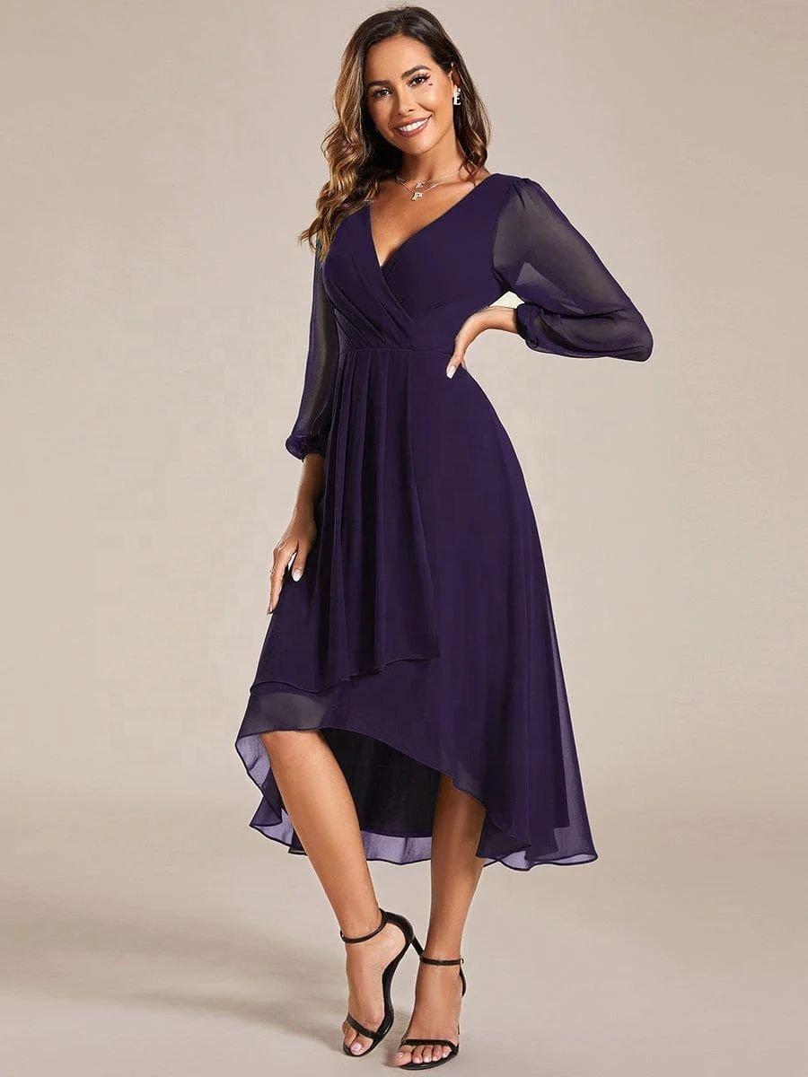 New Arrival Women Chiffon V Neck Long Sleeves Pleated A-Line Midi Semi Formal Dress For Women